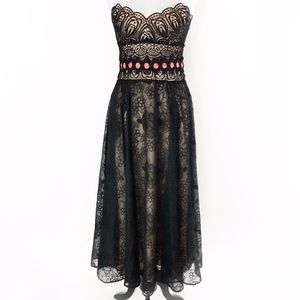 nanette lepore • black floral lace strapless embroidered bridgerton vibe dress
